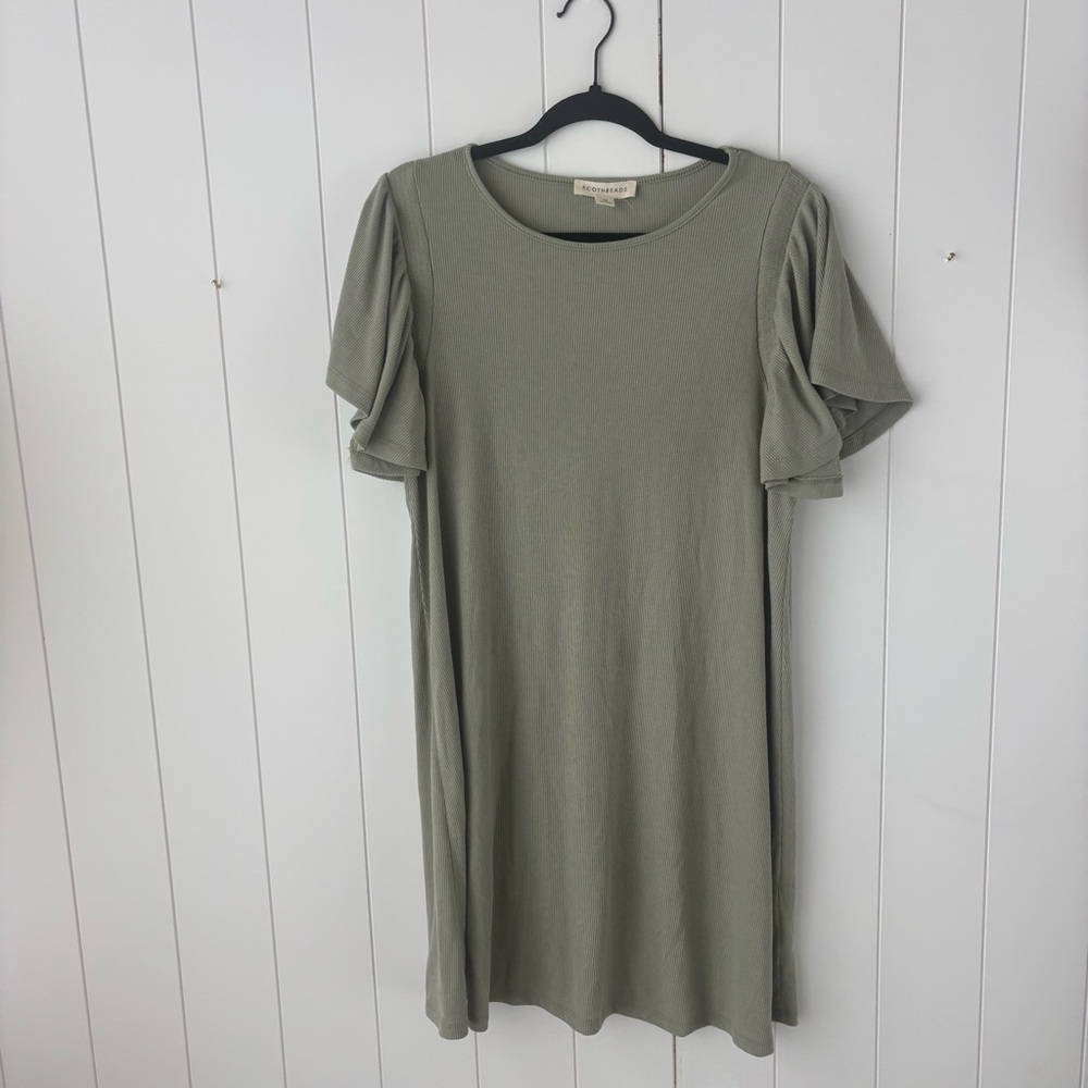 ECOTHREADS‎ Sage Ribbed Flutter Sleeve Shirt Dress Boho Sage Medium